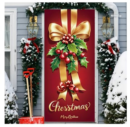 Ahhzyys Copertura Porta Natalizia con Corda, Decorazioni Natalizie per Porta, Banner di Sfondo di Natale Copri Porta per Porte, Pareti, Finestra (90x200cm)