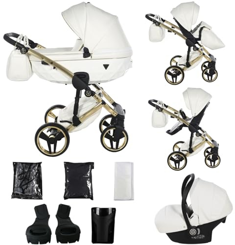 Junama Kinderwagen Diamond Fluo Individual 2in1 3in1 4in1 (17 - Weiß und Gold, 3in1 mit Autositz)