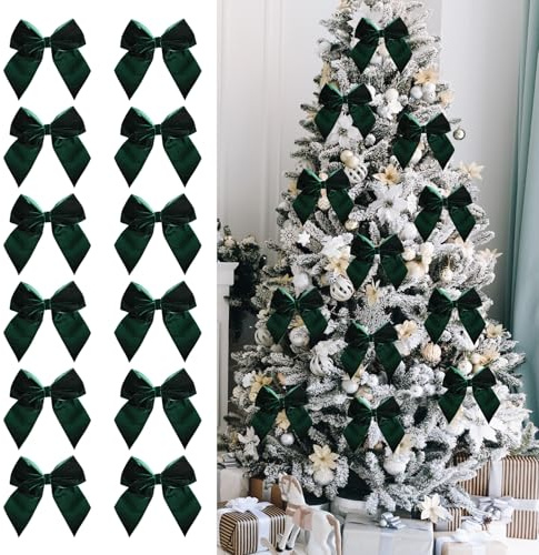 12 Stück Weihnachtsbaum Deko - Glitzer Schleifen für Weihnachtsbaumschmuck, Weihnachtsschleifen für Weihnachtskranz & Party Deko (Grün)