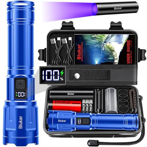 Blukar Recargable Linternas LED Alta Potencia, Enfoque Ajustable Táctica Linterna con 4 Luz y 3 Temperaturas de Color, IP67 Impermeable & Portátil Linterna de Emergencia para Senderismo/Camping/Viajes