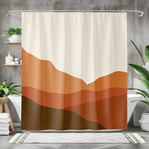 LIFKNVN Duschvorhang mit abstraktem Wüsten- und Streifenmuster, Erdtöne, Sonne, geschichtete Berge, warmes Terrakotta-Braun, minimalistisches Badezimmerdekor, 180 x 300 cm (B x H)
