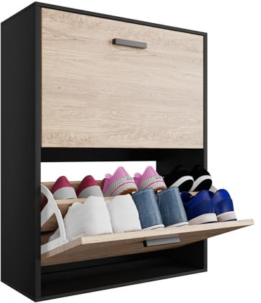 CASABEL - Mueble Zapatero de 12 Pares - Estantería de Gran Capacidad para vestíbulo o Pasillo - (Ancho) 60 x (Profundidad) 24 x (Alto) 80 cm - Madera Clara Negra