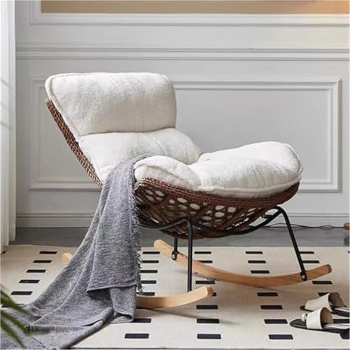 JIESOO Schaukelstuhl Rattan Terrasse Gepolsterter Schaukelstuhl mit Flanellbezug Und Hoher Rückenlehne Moderne Schaukelstühle Bequemer Beistellstuhl for Schlafzimmer Wohnzimmer, Weiß