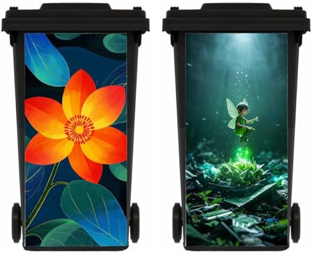 ZENZDS 2 Sheets Elf Wheelie Bin Stickers, Flowers Self Adhesive Dustbin Sticker Decorative Decal for House, Fridge, Bins Wall, Indoor Outdoor