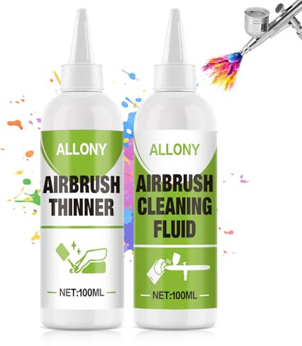 Allony Airbrush Verdünner, 100ml Airbrush Cleaner+100ml Airbrush Thinner, Airbrush Reiniger, Acrylfarben Verdünner, Fließverbesserer & Airbrush Zubehör für Kunst und Hobby