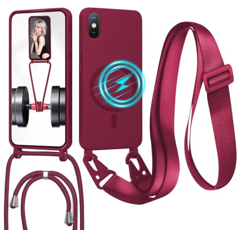 GoodcAcy Crossbody Lanyard Case for iPhone X/iPhone XS, [Compatible with MagSafe] Magnetic Case with Strap Adjustable and Removable Neck, Anti-Fingerprint Cover, Red
