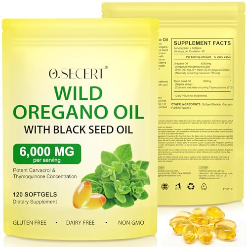 Oregano Öl Kapseln, Oregano Öl, 2-in-1 6.000mg Oreganoöl mit 200mg Schwarzkümmelöl Kapseln, 165 mg Carvacrol, 120 Wildes Oreganoöl kapseln, Vegan und ohne Zusatzstoffe