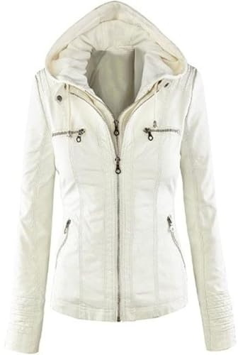 Women's Lightweight Leather Jacket Waterproof Motorcycle Bomber Jacket Vintage PU Moto Biker Coat With Removable Hood, off white, XXL