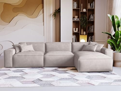GRAINGOLD Arizona Ecksofa 265x180 cm, L-Form Sofa, Ecksofa für Wohnzimmer, Velour, 3-Sitzer Eckcouch, Modernes Design (Hellgrau, Rechts)