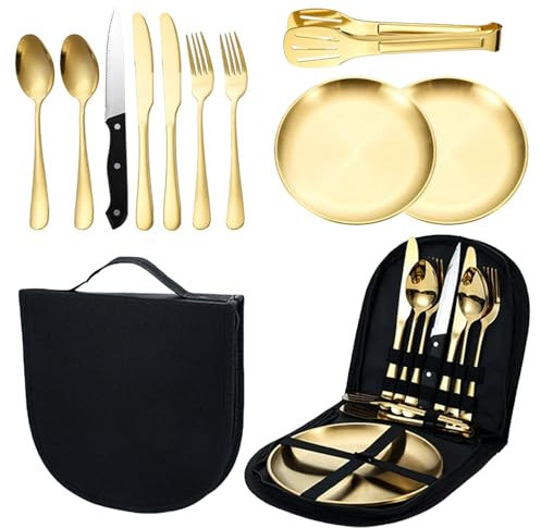 MORAINJAY Gold Camping Cutlery Set for 2 Person,10P Portable Tableware Set for Hiking,Food-Grade Stainless Steel Picnic Utensils Set with Spoons Forks Knife Clip Plate,Case with Zipper
