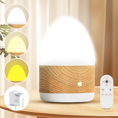 10000 Lux Nachttischlampe Touch Dimmbar Plug-in-Modell LED Nachtlicht mit Fernbedienung 360° Lichtfeld, 3 Farbtemperaturen, 4 Helligkeiten Nachtlicht Holzmaserung Lampe für Schlafzimmer, Wohnzimmer