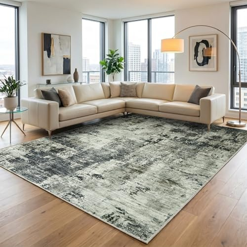 Aspire Homeware Machine Washable Abstract Grey Rugs Living Room 120 x 170 cm Large Short Pile Area Rugs for Bedroom Dining Room, Non Slip Carpet for Kids Room Soft Vintage Design Boho Rug, Frost