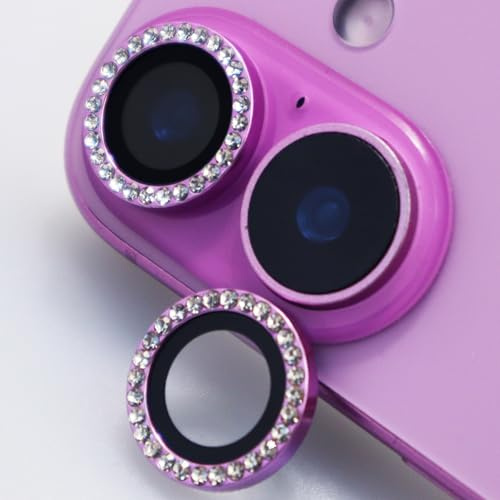 BCBOPE Camera Lens Protector for iPhone 16/16 Plus Bling Diamond Metal Ring Rhinestone Shine Gem Tempered Glass Lens Cover Accessories (Pink, for iPhone 16/16 Plus)