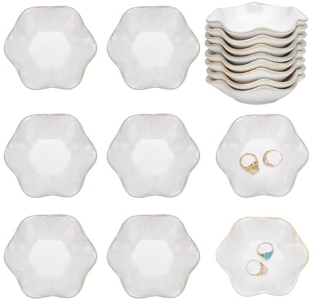 UNICRAFTALE 8pcs Small Lotus Leaf Shape Decorative Ring Tray Floral White Trinket Dish Jewelry Dish Organizing Ceramic Key Bowl for Mom Friend Home Decoration 10.6x9.9x3.05cm
