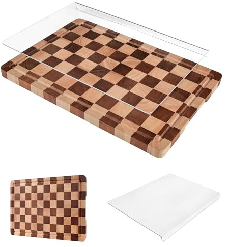 Set 2-teilig aus Kariertes Holz- & Acryl-Schneidebrett | Acryl-Schneidebrett mit Aufkantung & Kariertes Holz-Schneidebrett mit Saftrinne & integriertem Griff, mit rutschfesten Füßen