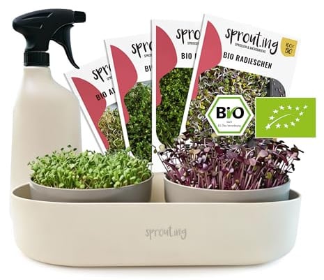 Plantura Bio-Sprossen Anzucht-Set (Komplett), keimstarkes Bio-Saatgut, für Sprossen & Microgreens, BPA-frei & spülmaschinengeeignet, 4 Sorten, bis zu 36 Ernten