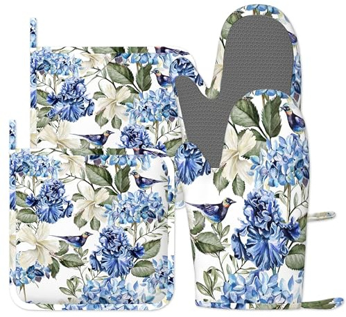 Oven Mitts and Pot Holders Sets of 4, Blue Hydrangea Flowers Bird Silicone Oven Gloves Heat Resistant, Non-Slip BBQ Gloves for Kitchen Cooking Baking Grilling Microwave