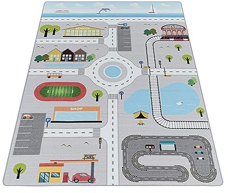 KADIMA DESIGN Spielteppich Straße Grau 80x120 cm Schadstoffgeprüft Pflegeleicht Waschbar Strapazierfähig Langlebig Kinderzimmer Spielzimmer Fußbodenheizung geeignet | TRAUN