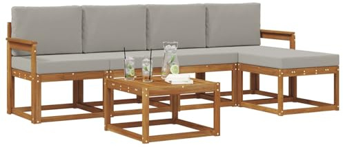 vidaXL Outdoor-Sofagarnitur mit Kissen 6 pcs Natürlich und Hellgrau, Gartenlounge-Set, Moderne Akazien-Couch, strapazierfähiges Outdoor-Sofa, stylische Terrassenmöbel