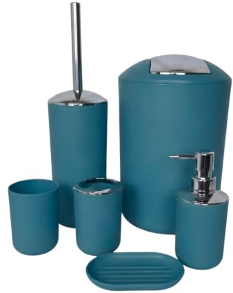 G.mütlich Badezimmer Set 6-teilig, Badaccessoires Komplettset Kunststoff, WC Garnitur mit Klobürste, Mülleimer, Zahnputzbecher, Seifenspender & Schale, Bad Zubehör Deko (Petrol)