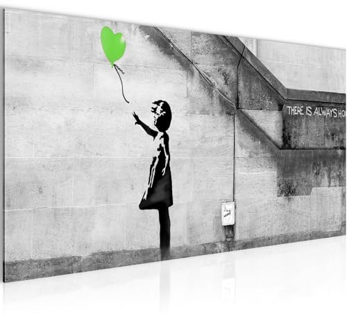 Runa Art Wandbild Banksy Ballon Girl 1 Teilig 100 x 40 cm Modern Bild auf Vlies Leinwand Street Art Loft Wohnzimmer Grün 301612b