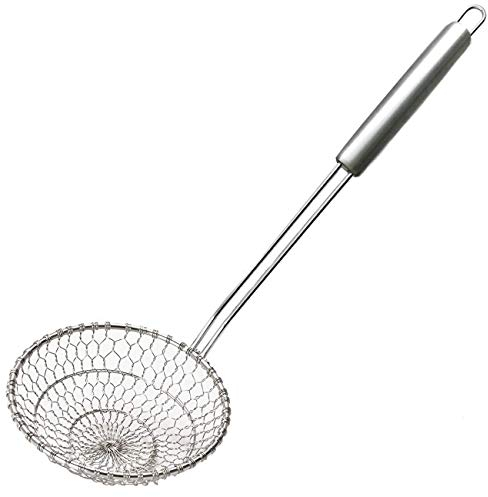 Home Servz Stainless Steel Asian Spider Strainer Kitchen Skimmer-Durable Handle& Spiral Mesh Basket-Spaghetti,Noodle,Ravioli,Wok,Cooking Filter,Food Strainers,Fat Separator(5-Inch Strainer Basket)