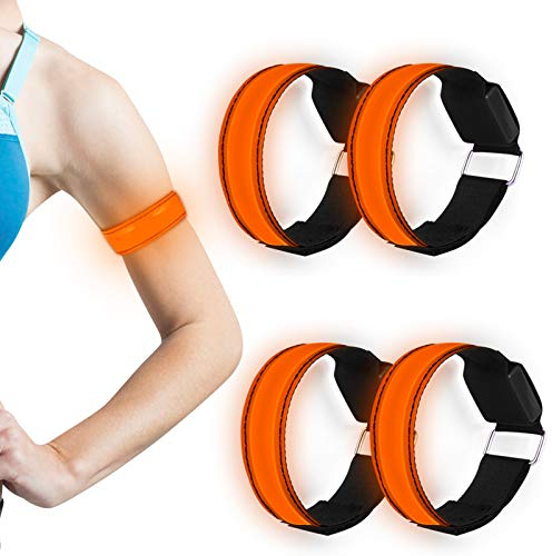 LED Armband, 4 Stück Reflective LED leucht Armbänder Lichtband Kinder Nacht Sicherheits Licht für Laufen Joggen Hundewandern Running Outdoor Sports (Orange)