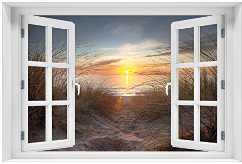 Wallario Glasbild 60 x 90 cm mit Fensterrahmen mit Fenster-Illusion: Sonnenuntergang am Strand - Wandbild mit freischwebender Optik
