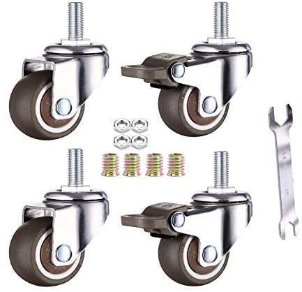 GEOCANG 4er Set 38 mm Lenkrollen für Möbel, M8 x 20 mm Gewinde, mit Bremse bis 25 kg pro Rad, Weichgummi Möbelrollen(38 mm-mit Bremse)