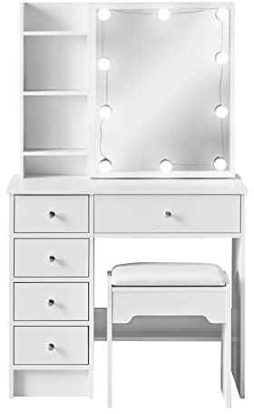 TUKAILAi Dressing Table with Hollywood LED Lights, Vanity Table with Mirror and Stool, Make up Desk Set Makeup Dressing Table with 5 Drawers for Girls Bedroom Furniture