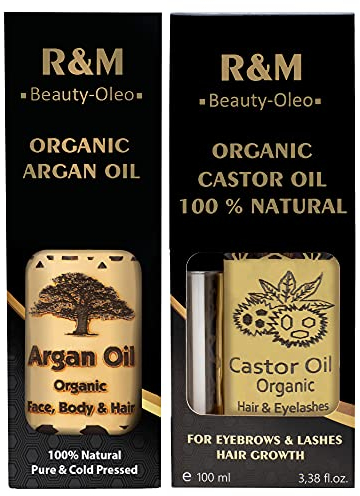 R&M Beauty-Oleo 1x Rizinus-Öl & 1x Argan-Öl - 100% Bio & Fair Trade - für Wimpern, Haare, Haut, Bart & Nägel - Natur-Kosmetik - 2er-Set je 100 ml