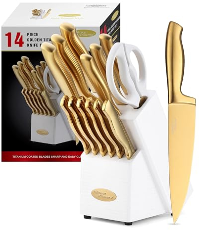 Marco Almond® Juego de Cuchillos Dorados MA21 - 14 Piezas de Acero Inoxidable Con Revestimiento de Titanio - Cuchillos de Cocina Con Bloque Blanco