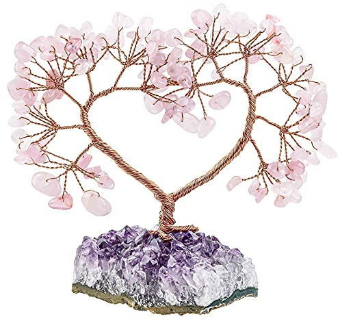 KYEYGWO Rosenquarz Herz Kristall Geldbaum auf Natürlichen Amethyst Drusensegment Rohstück Base, Feng Shui Bonsai Baum Stein Glückbaum Kristallbaum für Hochzeit, Haus Decor, Heilung