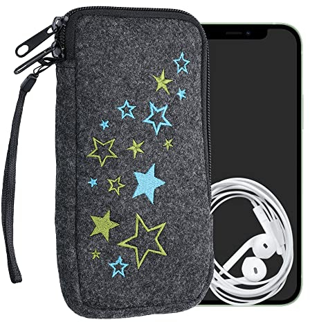 kwmobile Handytasche für Smartphones XL - 6,7/6,8 - Handy Filztasche - Sternenmix Hellgrün Blau Dunkelgrau - Innenmaße