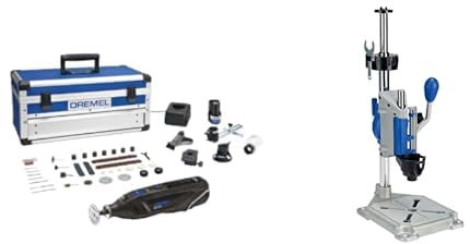 Dremel 8260 Outil rotatif sans fil, 2x batterie Lithium-Ion 12V 3Ah Outil multifonction avec 65 accessoires & 220 Support Perceuse à Colonne Workstation, Multifonction avec Guide Perçage
