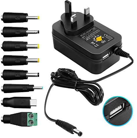 AveyLum Adjustable Power Adapter AC/DC 3V 4.5V 5V 6V 7.5V 9V 12V 2A Universal Power Supply with 8 DC Connector for Household Electronics Device