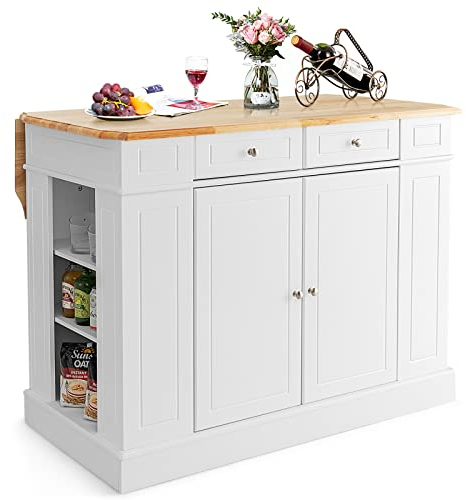 GOPLUS Kücheninsel mit erweiterbarer Arbeitsfläche, Küchenschrank aus Holz mit Schubladen und Regalen, Sideboard für Küche & Esszimmer, 120 x 60/90 x 92cm (Weiß)