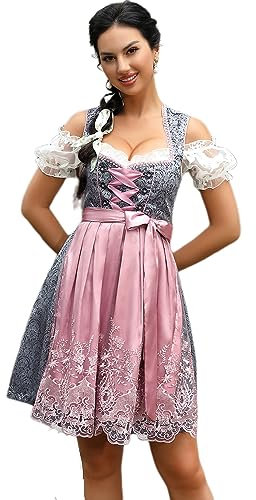 KOJOOIN Damen Dirndl 3tlg. Jacquard Trachtenkleid Kurz mit Dirndlschürze für Oktoberfest Grau-Jacquard(3tlg.) 44