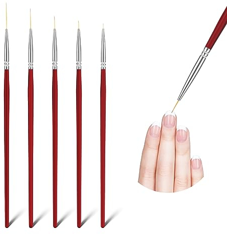 TIESOME Lot de 5 pinceaux à ongles fins et longs - Pinceaux rofessionnels - Poils extrêmement fins - Pour le bricolage, le nail art, le salon, la maison (24/18/12/9/6 mm)