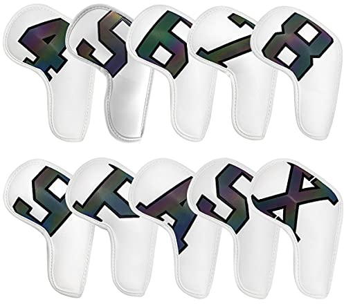 Hauni Golf Club Head Covers 10pcs, Colorful Dazzle Skeleton Pattern, Polyurethane Material, Long Neck Design, Velcro Closure, Golf Iron Set Protection