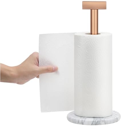 Navaris Kitchen Roll Holder - Marble and Rose Gold Steel - Durable and Rustproof Paper Towel Holders - Stable Weighted Anti-Slip Free Standing Base