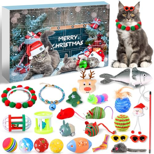 iZoeL Calendrier de l'Avent Chat Jouet 2024 Calendrier Avent Chat, 24 Kit Jouet Interieur Chat Jouet Interactif - Collier Chat Clochettes Gros Poisson Jouet Chaton Souris - Cadeau Noel pour Chat