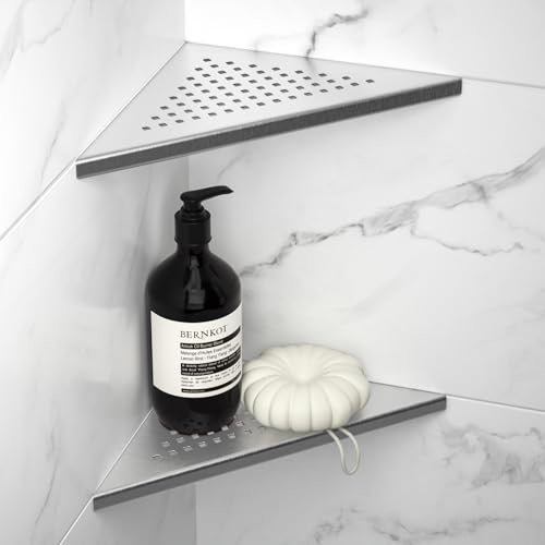 Bernkot 8'' Corner Shower Shelf 2 Pack, 304 Stainless Steel Grout in Shelves for Tiled Wall, Recessed Bathroom Shelf Rack, No Drilling Needed (8'', Silver)