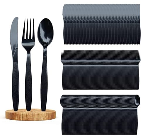 300PCS Plastic Cutlery, Cutlery Set, Reusable Party Cutlery Plastic Mixed Cutlery Sets Includes 100 Forks 100 Spoons and 100 Knives for Birthday Parties Buffets Picnic