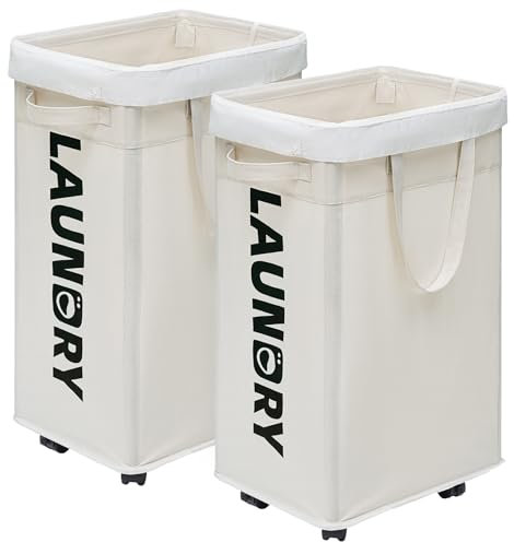 TIMEYARD Wäschekörbe mit Rädern, 75 Liter x 2, Wäschesammler, Laundry Baskets, Korb Aufbewahrung für Spielzeug, Badezimmer Aufbewahrung, Weiß