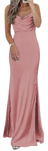 Robe de demoiselle d'honneur en satin à bretelles spaghetti pour femme - Longue robe de soirée plissée, vieux rose, 60