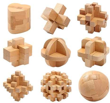 Holzsammlung 9 Pièces 3D Puzzle Casse Tête en Bois, Jeu Casse Tête, Jouets d'intelligence éducative, IQ Test Disentanglement Puzzles,Jouets pour des Enfants et des Adolescents#D