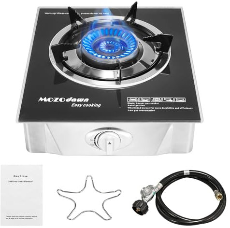 MOZODAWN - Estufa de propano de un solo quemador de 15000 BTU, estufa de gas portátil, 1 quemador, estufa de camping propano con manguera adaptador de GLP para cocina interior y exterior