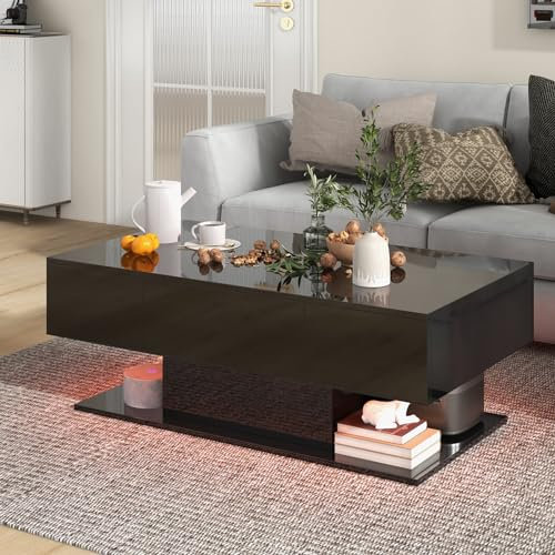 COSTWAY Table Basse Noir Laquée avec Tiroirs - 20 Lumières, 22 Modes Dynamiques, Télécommande, Compartiment Caché, Base Épaissie, Finition Brillante (Noir)