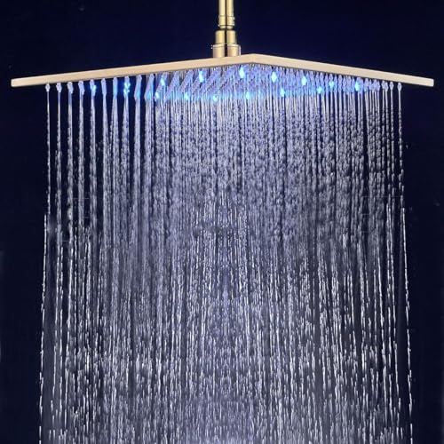 JUNSOTTOR 16 LED Duschkopf Regendusche Regenduschkopf 40x40cm Anti-Kalk mit Selbstreinigung Brausekopf Quadratisch Komplettset zum Nachrüsten - Deckendusche Premium Edelstahl Gold